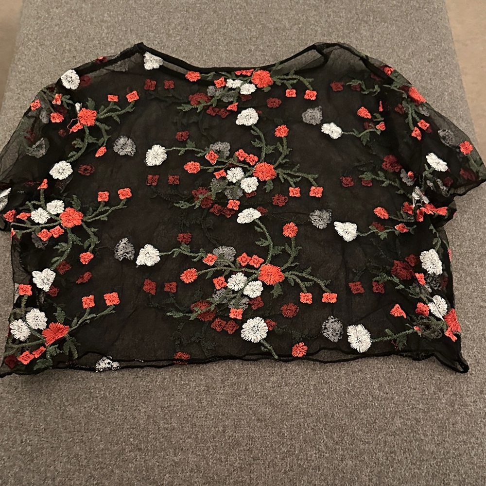 SHEIN Black Sheer Top with Red and White Floral Embroidery